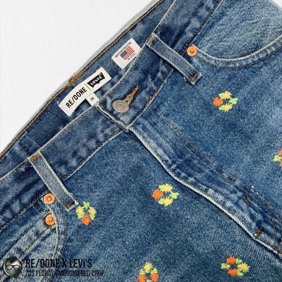 RE/DONE X LEVI’S 70s FLORAL EMBROIDERED RECONSTRUCTED VINTAGE JEANS CROPPED 26 - Picture 7 of 15